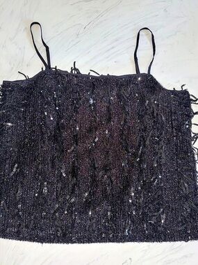 LOFT Sequin Fringe Square Neck Cami Black Large new nwt